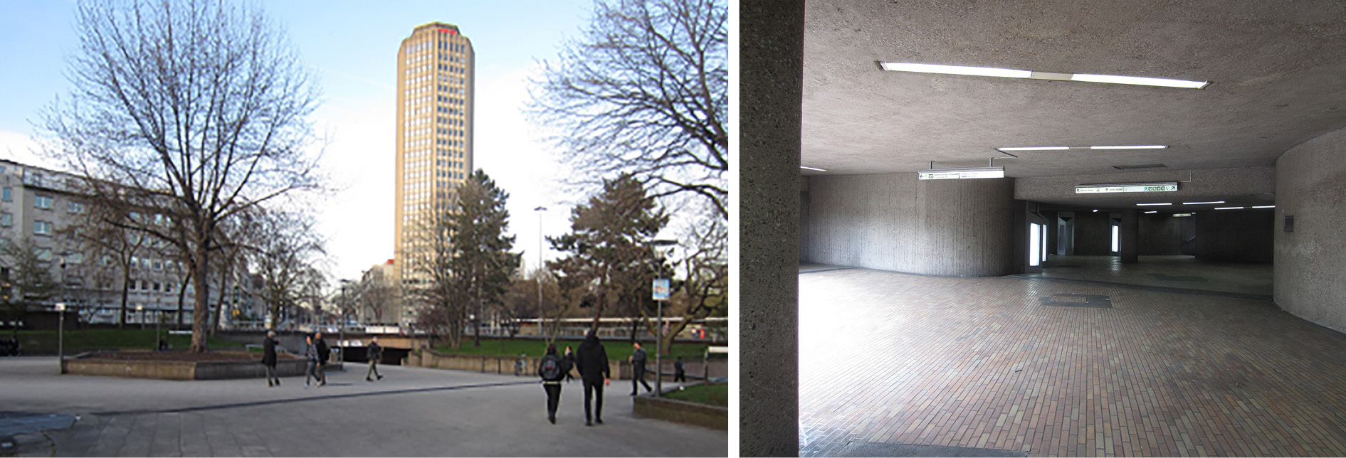 Man sieht Abbildungen der Bestandsarchitektur am Ebertplatz, die von viel Betonflächen und Leere geprägt ist.