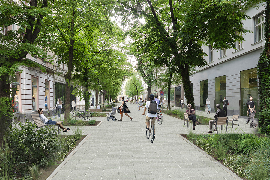 Eine Kollage der permanent umgestalteten Kaiserfeldgasse mit niveaugleichem Straßenraum, großzügigen Grüninseln mit Gräsern und Bäumen auf beiden Seiten und mehreren Sitzbänken. Die Straße ist stark genutzt von unterschiedlichen Menschen zu Fuß, mit dem Rad und auf den Sitzbänken sitzend. Es sind keine Autos zu sehen.