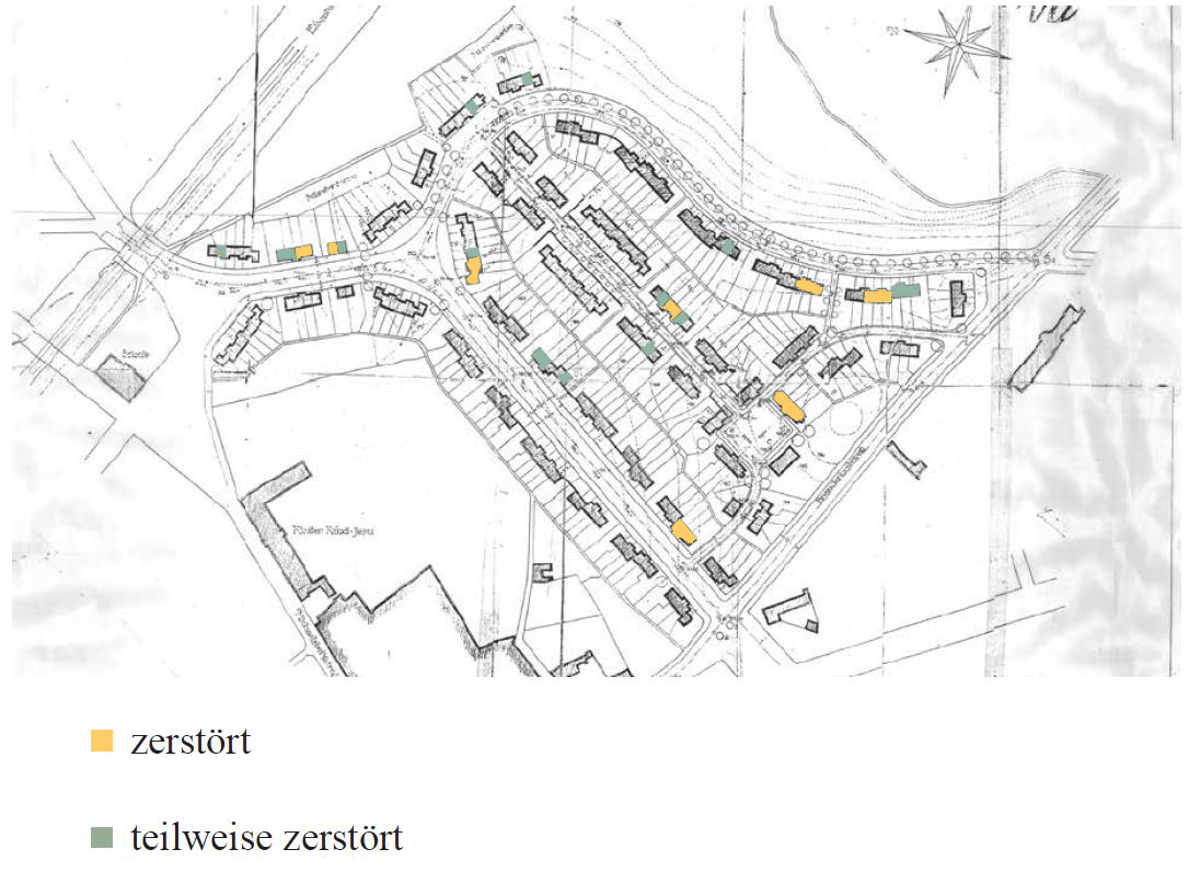 Lageplan der Siedlung mit zerstörten- und teilzerstörten Häusern.