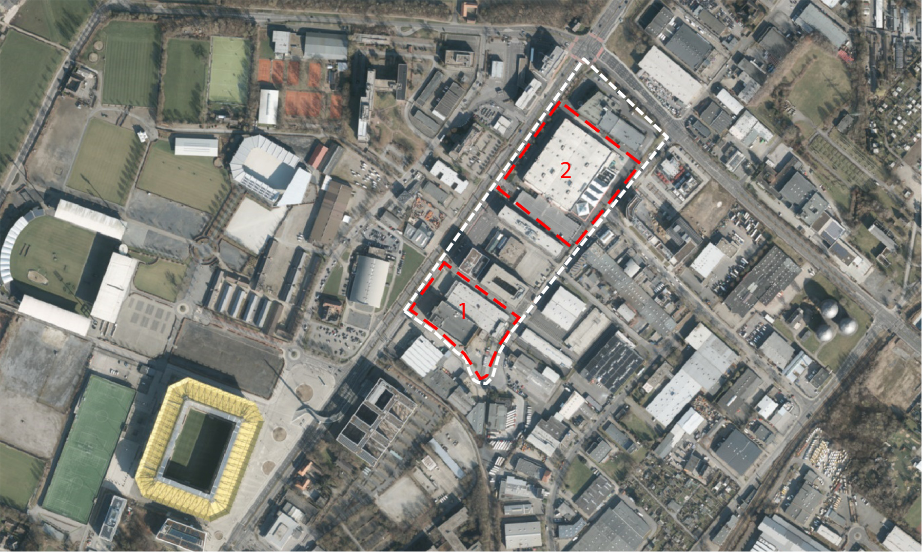 Im Luftbild ist der Referenzraum markiert. Auffällig sind unterschiedliche Körnungsgrößen der Bebauung, welche von kleinteiliger Wohnbebauung im Süden, über große Hallenstrukturen bis hin zum Stadion Tivoli reicht. Die Hauptverkehrsachsen Krefelder Straße und Prager Ring lassen sich deutlich erkennen.