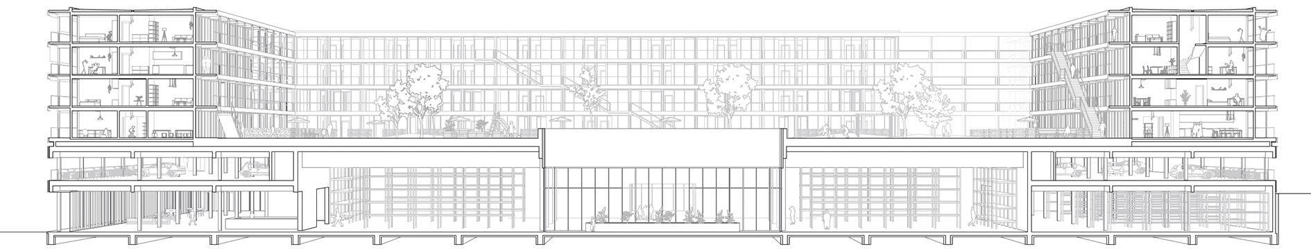Die Schnittperspektive zeigt einen sehr breiten Baukörper, welcher lediglich im Erdgeschoss die ganze Fläche belegt. Die Möblierung zeigt an dieser Stelle große Regale, was kombiniert mit sehr großen Geschosshöhen eine Gewerbenutzung vermuten lässt. Außerdem ist ein zentraler Lichthof zu erkennen. Auffällig sind auch die Ränder im Erdgeschoss, wo die Geschosshöhe halbiert und auf zwei niedrigere Geschosse aufgeteilt wird. Während sich im unteren ebenfalls Regale erkennen lassen, sind in dem darüberliegenden  Autos und Fahrräder zu erkennen. Dies verweist auf eine Park-Geschoss. Über dem Gewerbesockel ist ein Ring aus vier Wohngeschossen abzulesen, welche auf dem Dach der im Erdgeschoss liegenden Gewerbefläche einen großzügigen Garten ausbilden. 