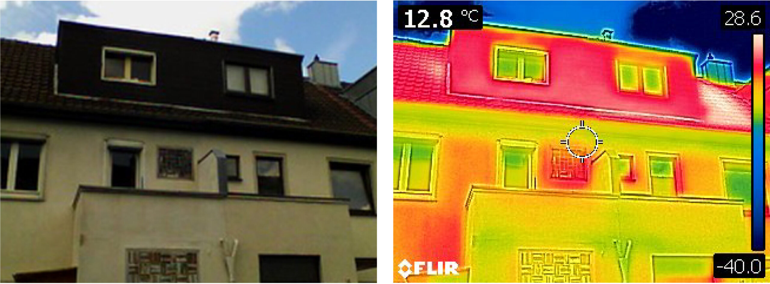 Die Abbildung zeigt Wärmeverluste über das ungedämmte Dach eines Hauses in der Siedlung.