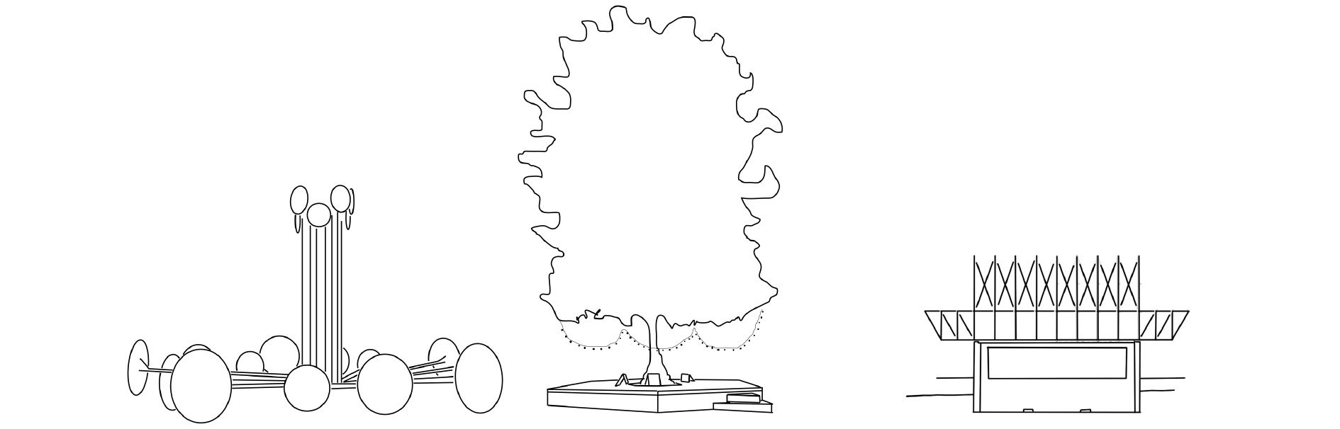 Eine Strichzeichnung der drei neuen Elemente wasserkinetische Plastik, Baumpavillon und Container mit Hut auf der vorhandenen Kuppe des Ebertplatzes.