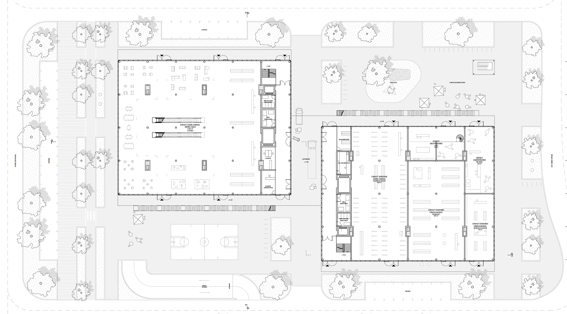 Der Grundriss zeigt zwei rechteckige Körper, die leicht versetzt und mit Abstand zu einander stehen. In dem Zwischenraum sind ein LKW, ein Transporter und ein Hubwagen zur Andienung zu erkennen. Die dem Zwischenraum zugewiesen Gebäudeseiten beinhalten zunächst eine schmale Erschließungszone, an die sich eine Schiene mit dienenden Räumen und der vertikalen Erschließung anschließt. Dahinter sind großflächige Gewerbeeinheiten zu erkennen. Ein einheitlicher Bodenbelag zieht sich um die Gebäude und durch den Zwischenraum. Dabei integriert er einen Sportplatz an der einen und einen Spielplatz und Außengastronomie an der anderen Gebäudeseite. 