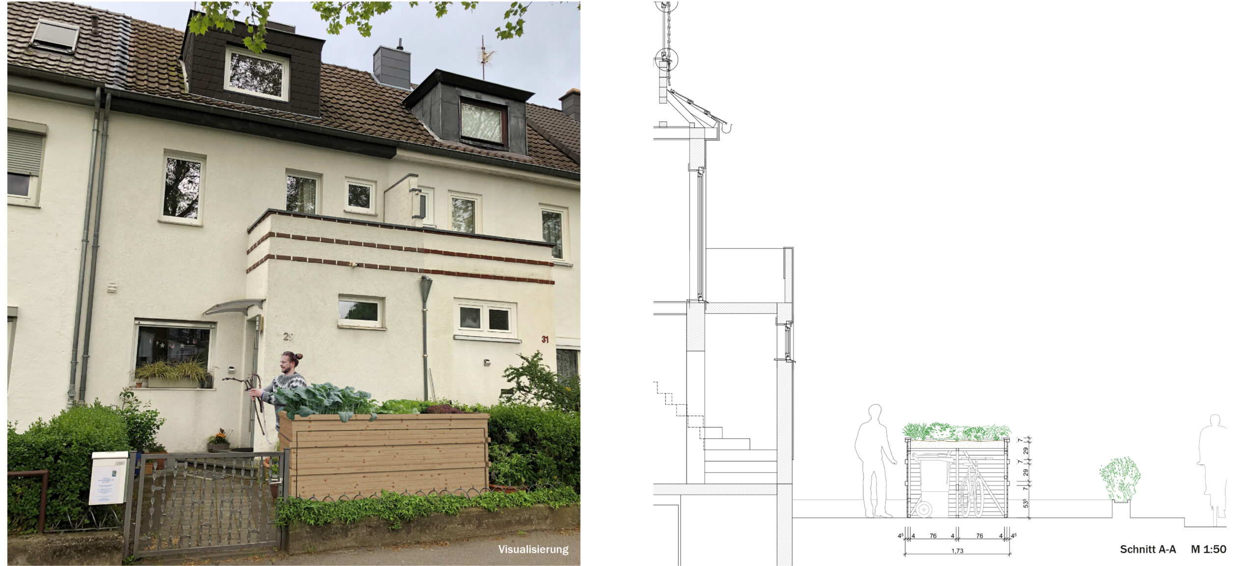Fotocollage und Planausschnitt mit der Idee für einen begrünbaren Fahrradschuppen.