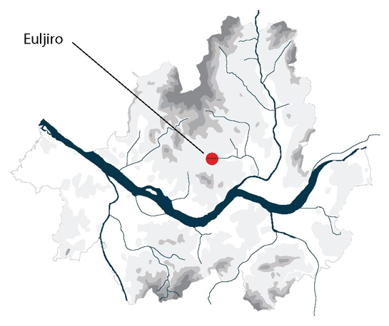 The picture shows a map of the Euljiro area within Seoul.
