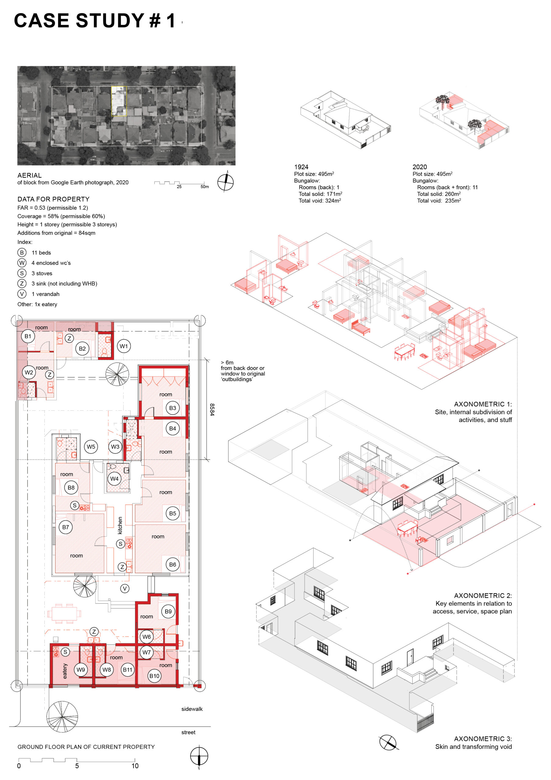 This figure shows different floor plans and axonometric views of "case study #1".