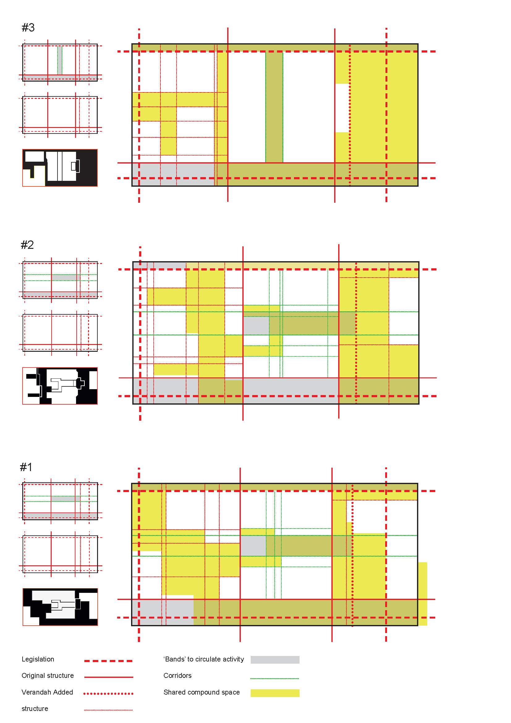 This figure shows the different geometric structures of the case studies one to three.