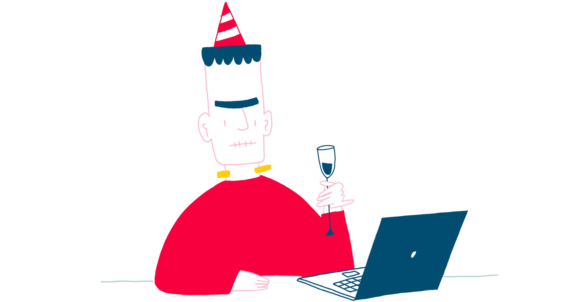 Eine Person trinkt alleine vor ihrem Laptop ein Glas Sekt.