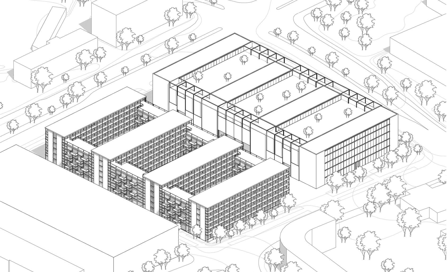 Die Isometrie zeigt einen Testentwurf eingebettet in den städtebaulichen Kontext. Es sind zwei gleiche Baukörper zu erkennen, wovon einer an drei Seiten von Straßen umgeben ist. Der zweite Baukörper liegt dahinter in geschützter Lage. Er unterscheidet sich außerdem dadurch, dass die große Kubatur durch drei sehr große Höfe aufgelockert ist. Die geringere Gebäudetiefe verweist auf die Wohnnutzung, während der erste Baukörper mit seinen großen, tiefen Flächen als Gewerbebau erkennbar wird.