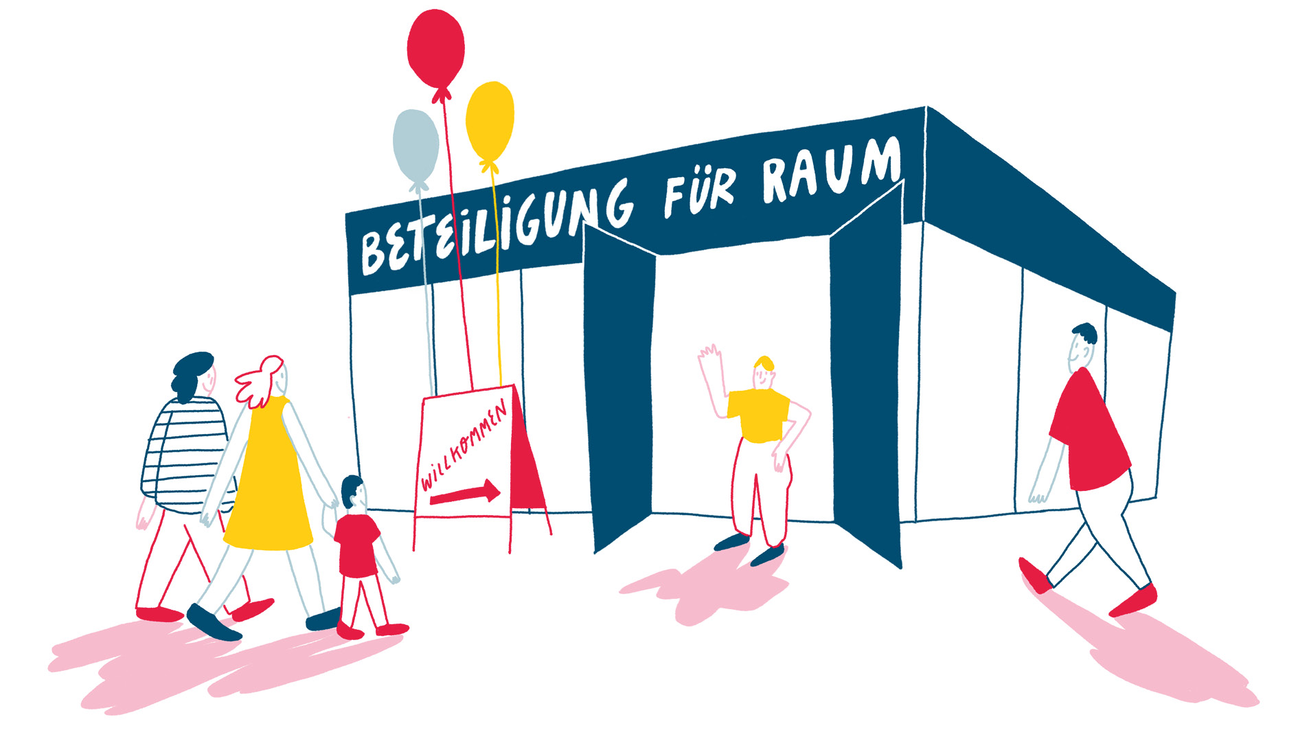 Ein Raum mit offenen Türen und der Beschriftung „Beteiligung für Raum“ lädt Passant:innen zum Beitreten ein.