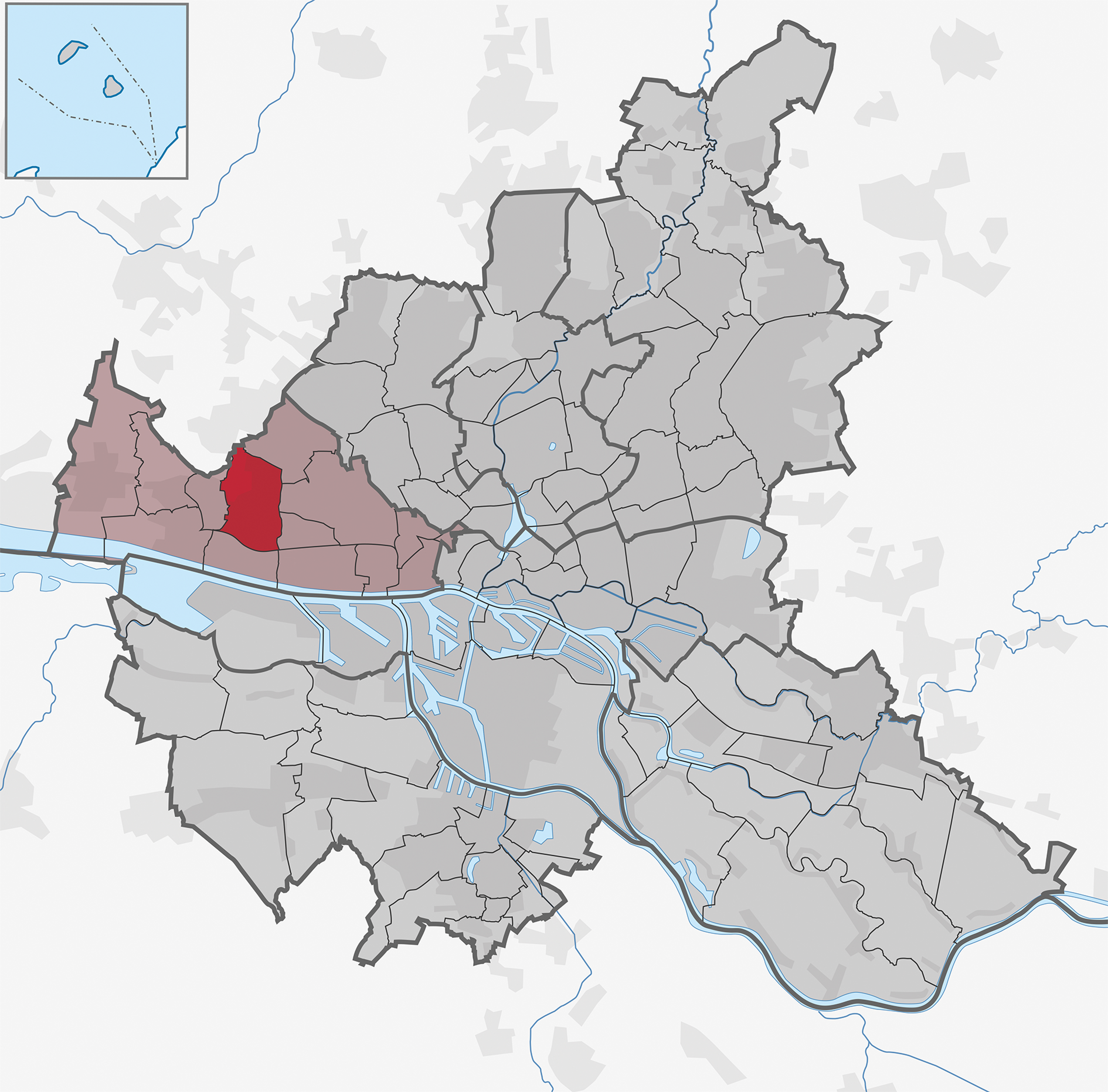 Karte der Bezirke und Stadtteile Hamburgs mit dem Stadtteil Osdorfer Born farblich markiert. Der Stadtteil ist am westlichen Stadtrand im Bezirk Altona.