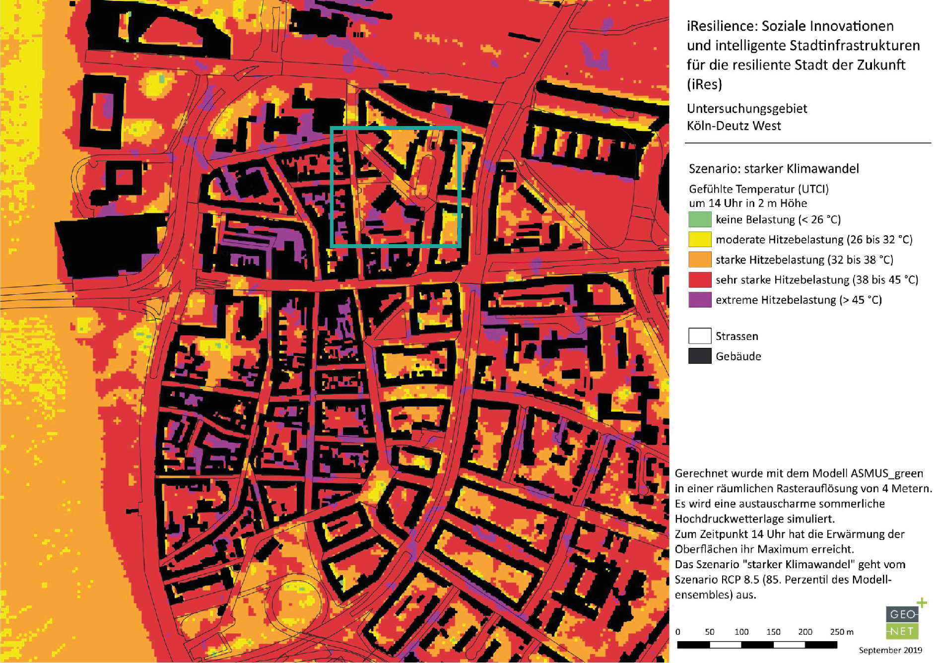 Die Abbildung zeigt eine Hitzesimulation (Szenario: Starker Klimawandel, Gefühlte Temperatur (UTCI) um 14 Uhr in 2 m Höhe). Zu sehen ist eine Karte von Köln Deutz, der Bereich an der Kasemattenstraße ist mit einem Rechteck hervorgehoben. In diesem Bereich ist eine extreme, sehr starke und starke Hitzebelastung zu sehen.