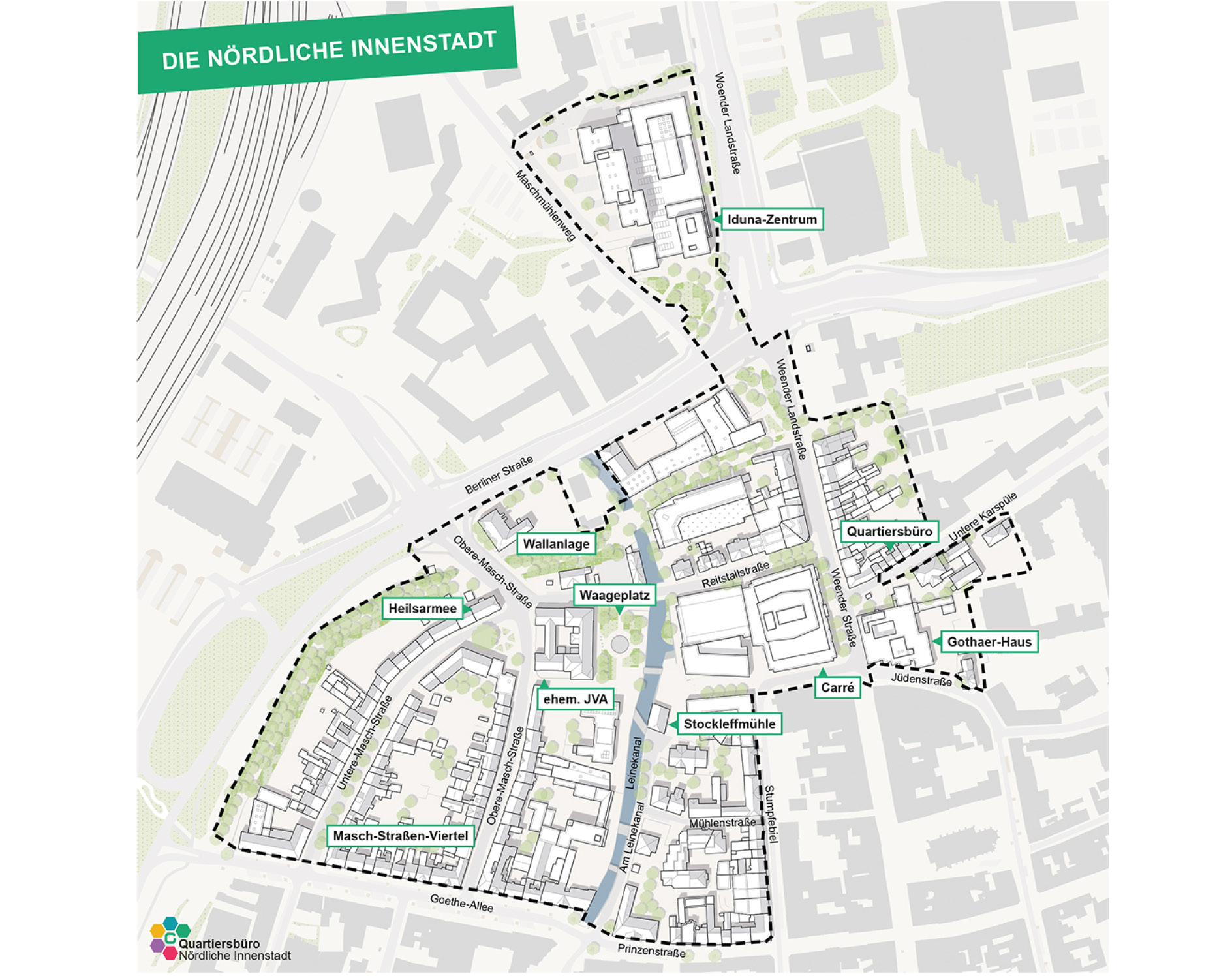 : Karte des Sanierungsgebietes in einem Überblick über die Göttinger Innenstadt. Das Sanierungsgebiet ist farblich abgegrenzt und einzelne Immobilien und Straßenzüge extra benannt.