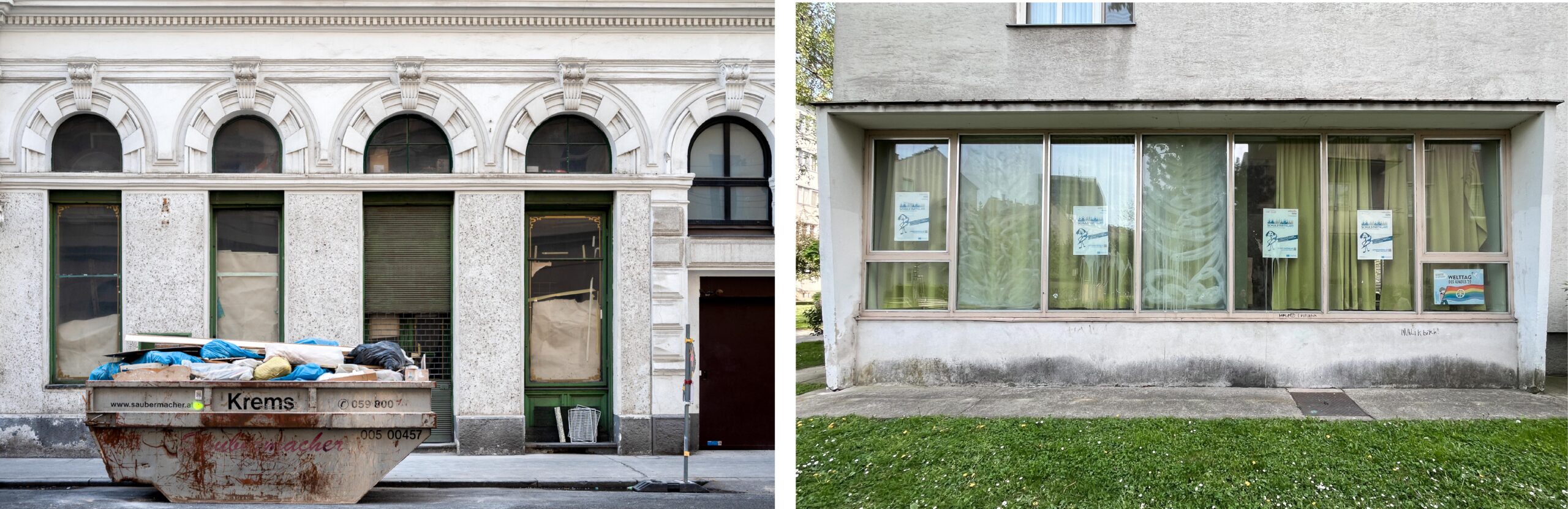 Leerstehende Erdgeschosslokale in Wien Leopoldstadt (links) und Brigittenau (rechts).