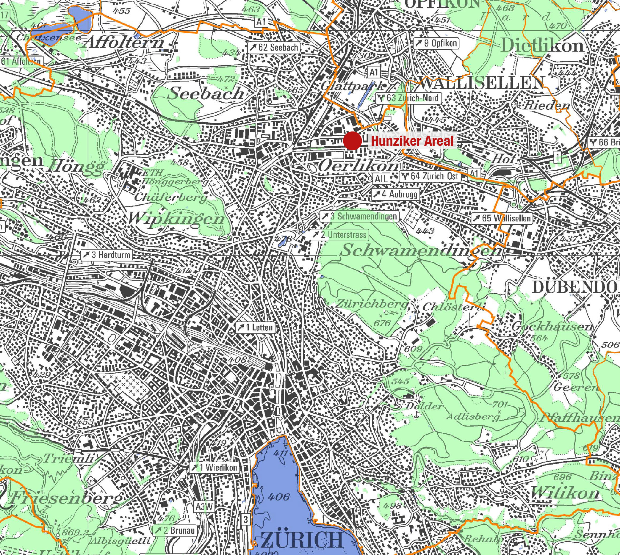Karte der Stadt Zürich mit Lage des Hunziker-Areals im Nordosten der Stadt.