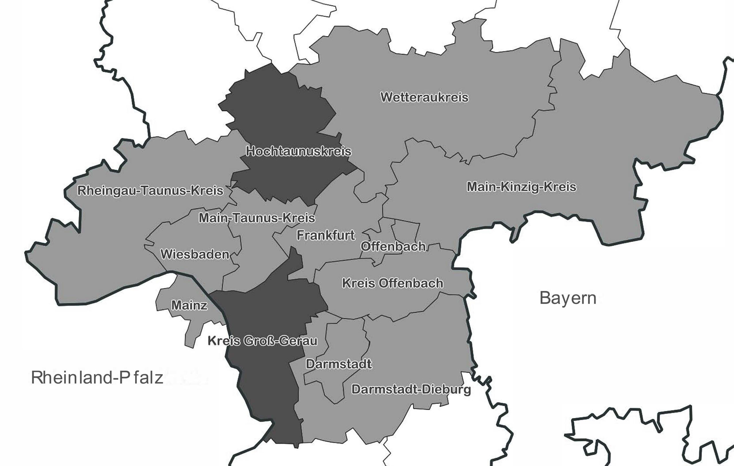 Die Abbildung zeigt eine Karte der Rhein-Main-Region, auf welcher der Hochtaunuskreis (nordwestlich von Frankfurt) und der Kreis Groß-Gerau (südwestlich von Frankfurt) dunkelgrau hinterlegt sind.