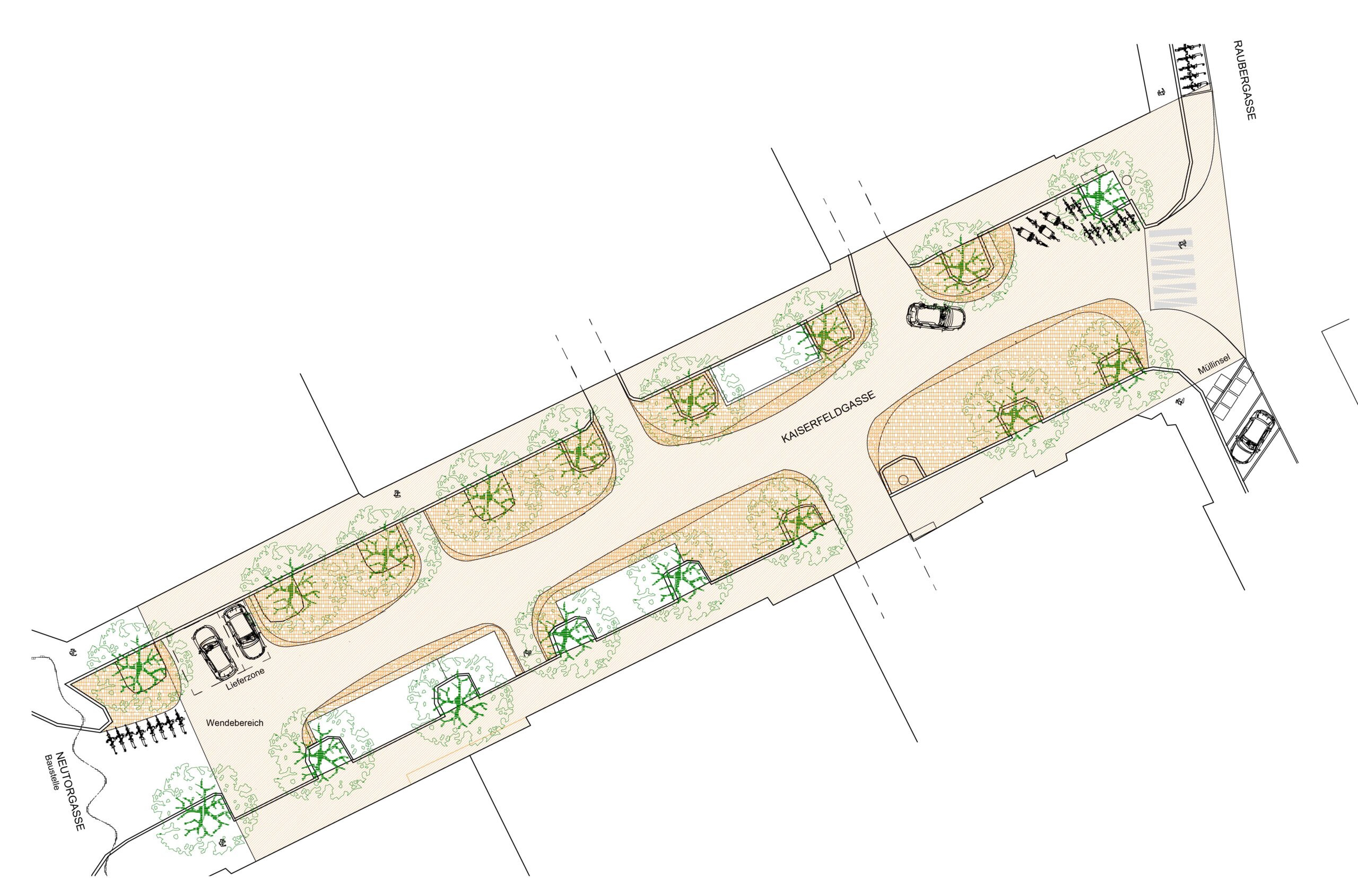 Plangrafische Grundrissdarstellung des ersten Entwurfs für die Umgestaltung der Kaiserfeldgasse. Er sieht die Aufschüttung von Inseln, die in den Straßenraum ragen, und eine farbige Gestaltung des Bodens vor.