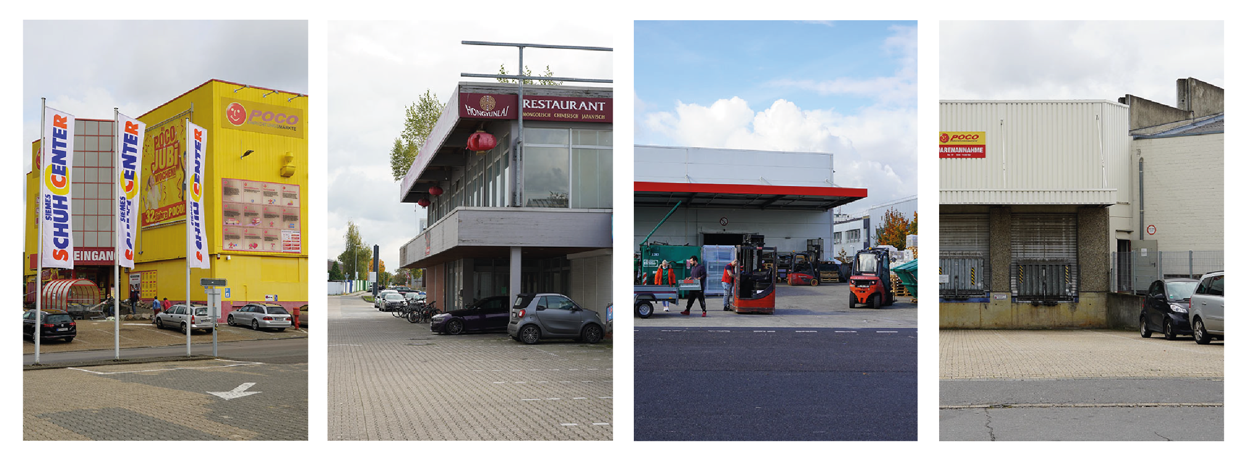 Das erste von vier Fotos zeigt das Gebäude des „Schuh Centre“, das durch seine auffällig gelbe Farbe, seine große Maßstäblichkeit und einige Fahnen im Vordergrund gekennzeichnet ist.
Das zweite Foto zeigt ein zweigeschossiges Gebäude mit Flachdach und teils Dachbegrünung. Es gibt einen Balkon und die Werbeschrift eines Restaurants fällt auf. Das Gebäude erscheint leerstehend. Die Freifläche im Vordergrund ist versiegelt und wird ausschließlich als Verkehrs- und Parkfläche genutzt.
Das dritte Foto zeigt im Hintergrund die Rückseite einer großen Gewerbehalle und die sich dort befindende Ladezone. Im Vordergrund sind verschiedene Flurfördermittel und gelagerte Waren zu erkennen. Die Freifläche ist versiegelt und grau.
Das vierte und letzte Foto zeigt das Lager und die Ladezone eines Möbelhauses. Die großzügige, versiegelte Freifläche wird an den Seiten zum Parken genutzt.