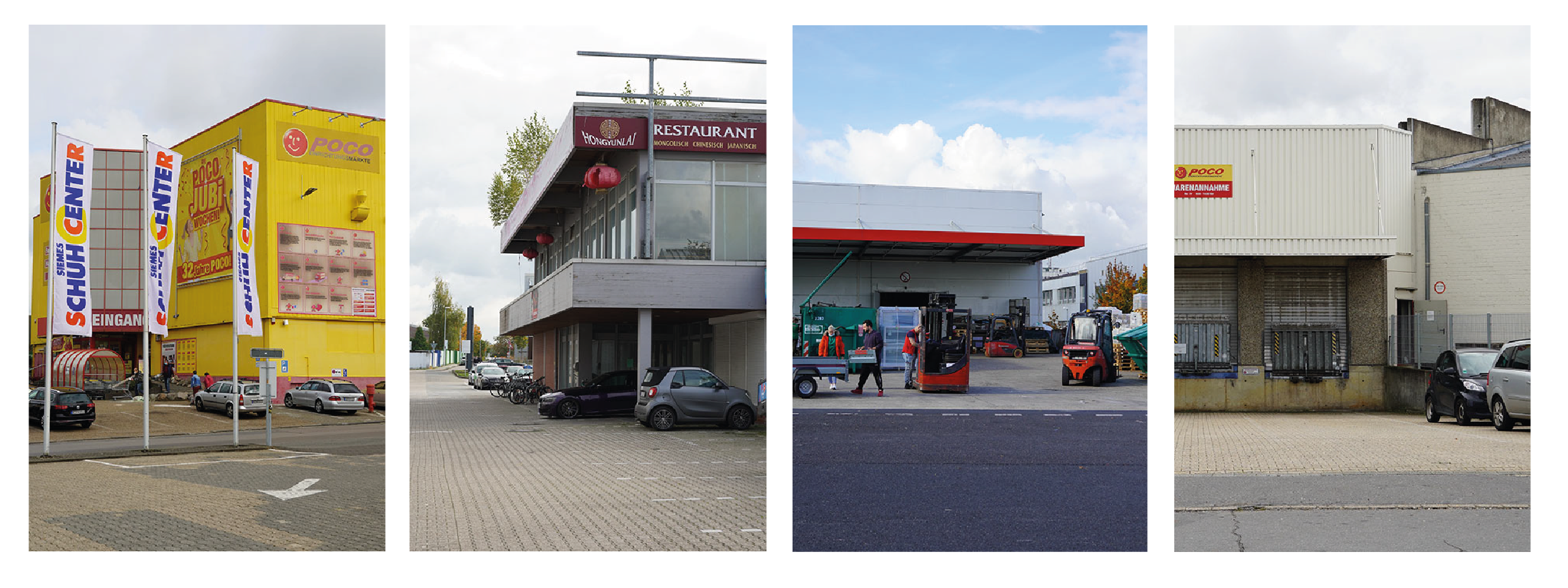 Das erste von vier Fotos zeigt das Gebäude des „Schuh Centre“, das durch seine auffällig gelbe Farbe, seine große Maßstäblichkeit und einige Fahnen im Vordergrund gekennzeichnet ist.
Das zweite Foto zeigt ein zweigeschossiges Gebäude mit Flachdach und teils Dachbegrünung. Es gibt einen Balkon und die Werbeschrift eines Restaurants fällt auf. Das Gebäude erscheint leerstehend. Die Freifläche im Vordergrund ist versiegelt und wird ausschließlich als Verkehrs- und Parkfläche genutzt. 
Das dritte Foto zeigt im Hintergrund die Rückseite einer großen Gewerbehalle und die sich dort befindende Ladezone. Im Vordergrund sind verschiedene Flurfördermittel und gelagerte Waren zu erkennen. Die Freifläche ist versiegelt und grau.
Das vierte und letzte Foto zeigt das Lager und die Ladezone eines Möbelhauses. Die großzügige, versiegelte Freifläche wird an den Seiten zum Parken genutzt.