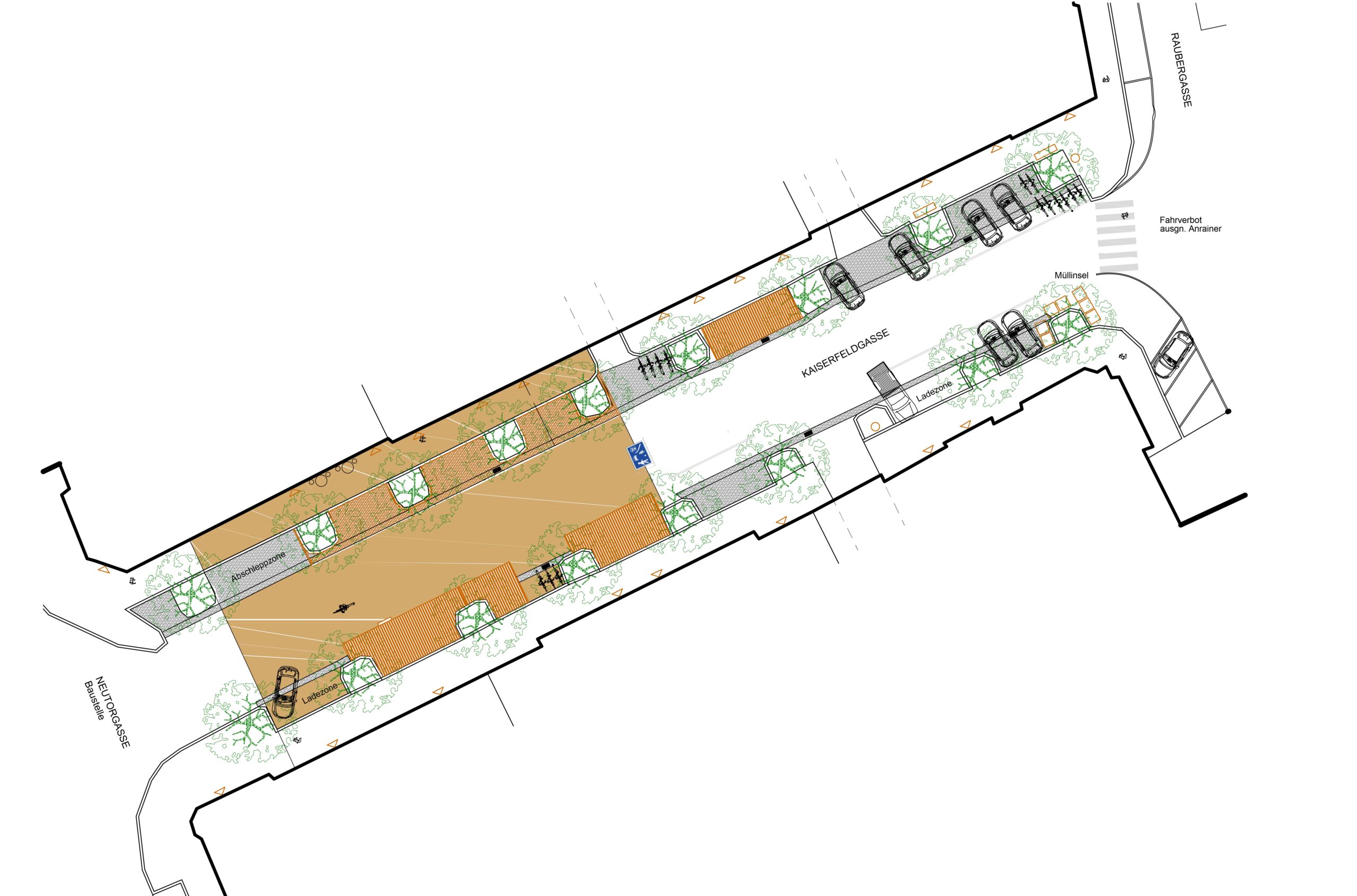Plangrafische Grundrissdarstellung eines Entwurfs für die Umgestaltung der Kaiserfeldgasse. Der Entwurf beschränkt sich auf die Hälfte der Gasse und sieht Holzplateaus und farbige Gestaltung des Bodens vor.