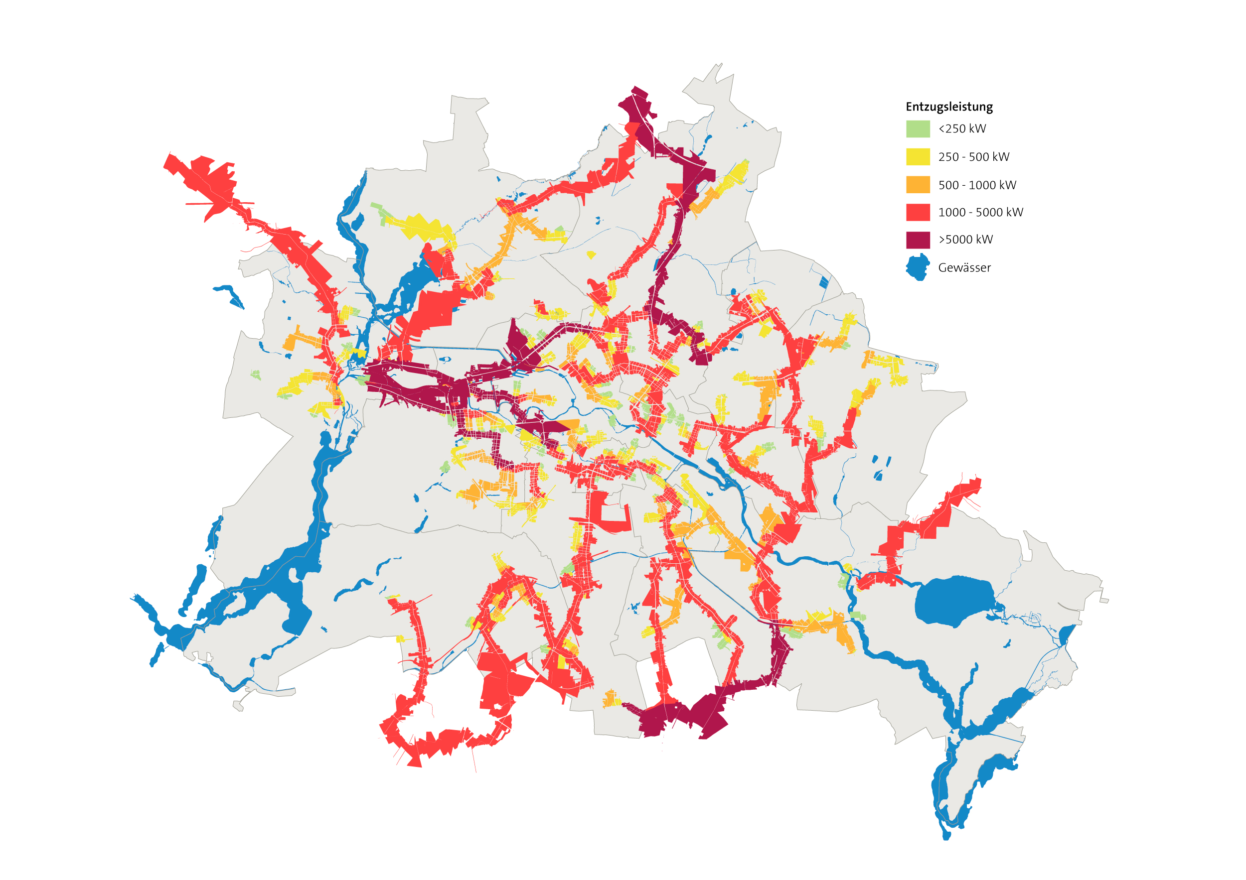 Die Abbildung zeigt eine Karte des Landes Berlins und welche Wärmepotenziale (Entzugsleistung) in den Hauptsammlern des Kanalnetzes bestehen. 