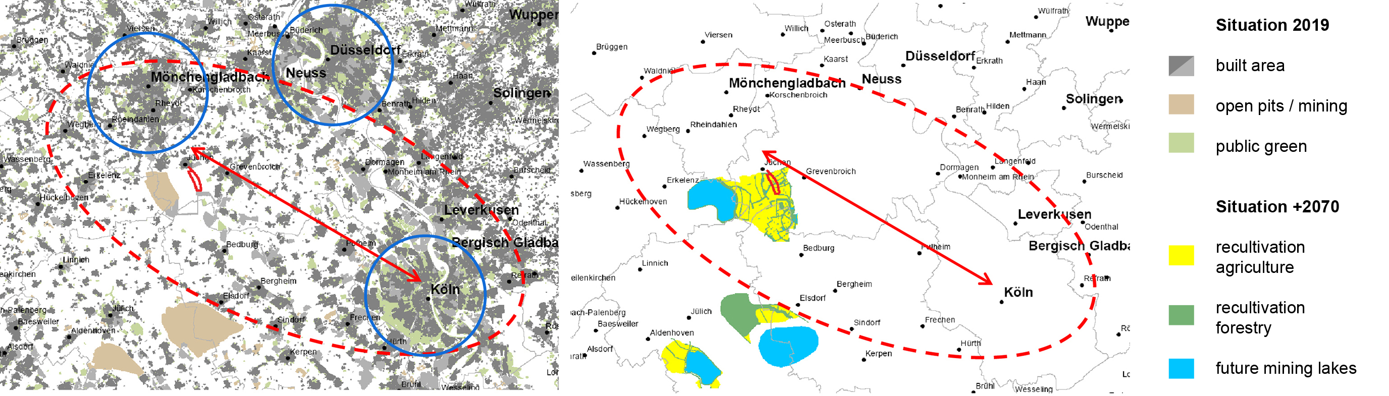 Image (left) showing a map with built area, open pits, public green and roughly the project area marked in red color. Image (right) showing the same extend, yet with agriculture and forestry recultivation areas and mining lakes in the future after the year 2070.