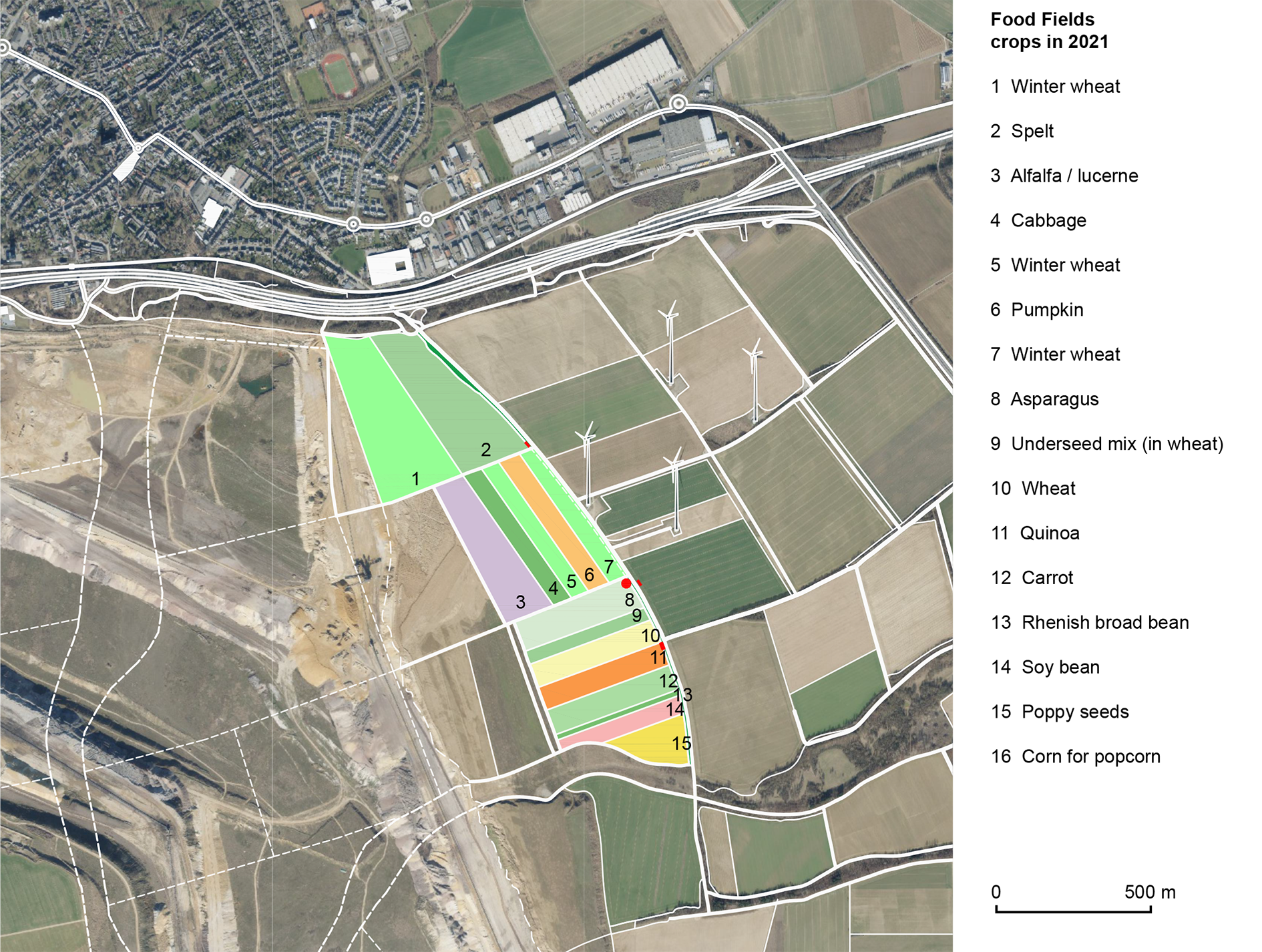 Image showing the plan of the Food Fields surrounded by existing agricultural area, the nearby mine and the adjacent municipality. 