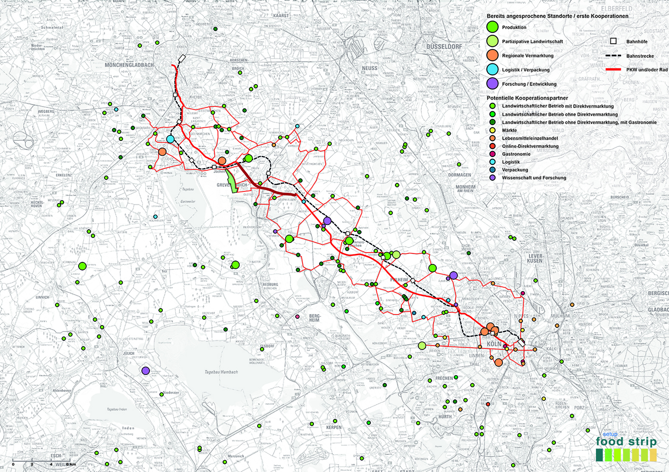 Image showing a complex map, highlighting various locations of value-chain participants and potential recreational routes between the cities Mönchengladbach and Cologne.