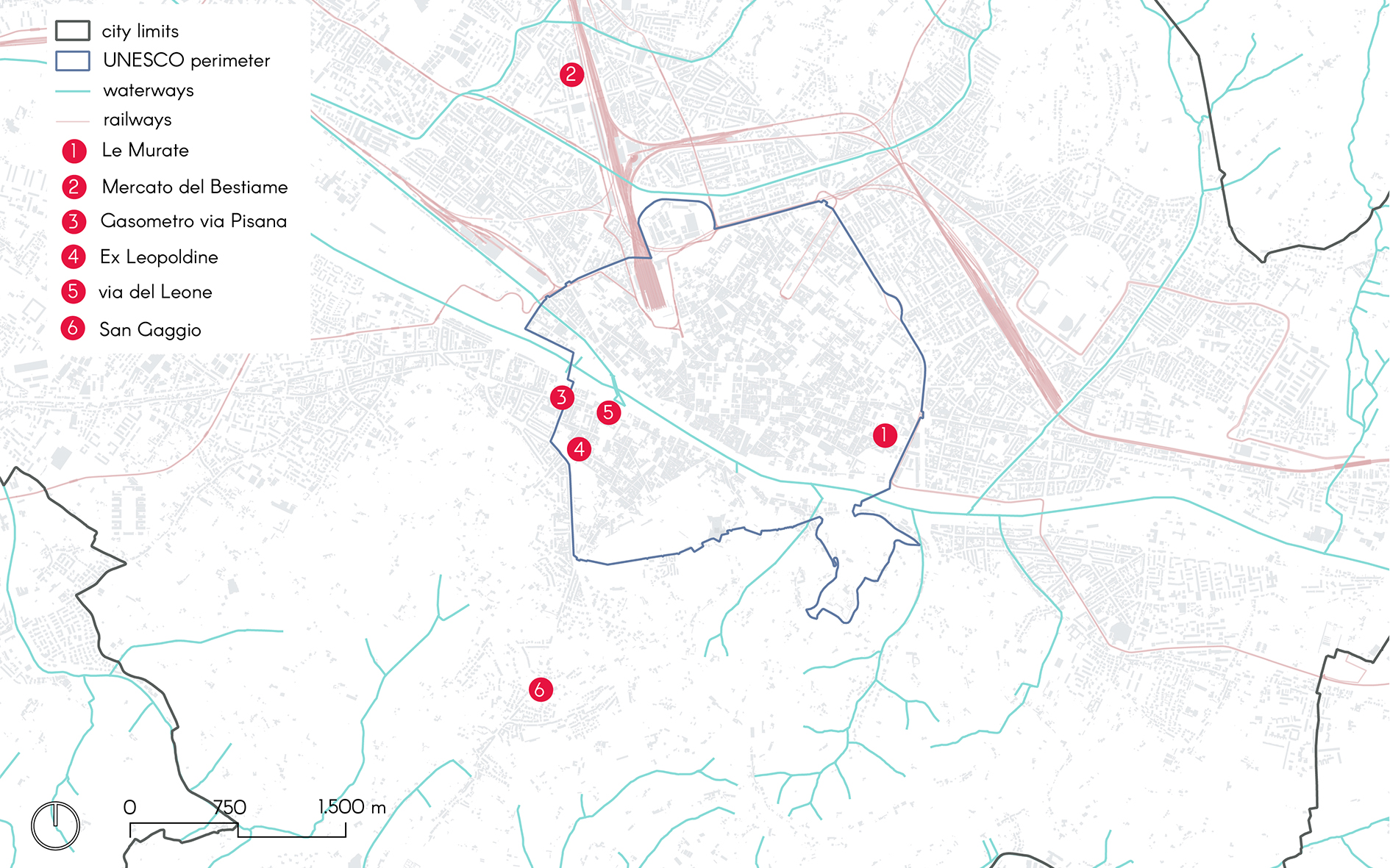 Map of Florence showing six sites included in the Municipal Programme for Building Rehabilitation, Urban Recovery, and Urban Redevelopment.