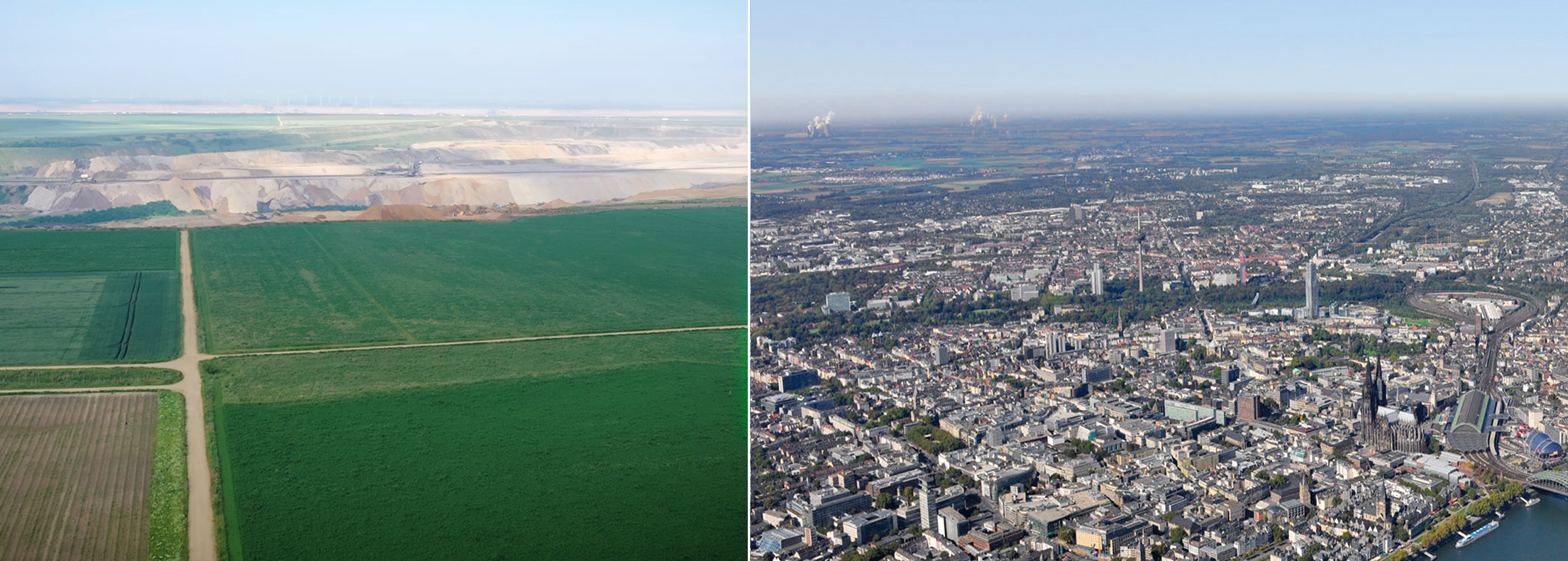 Two images, showing (left) an areal with recultivated fields and a coal mine in the background and (right) the city of Cologne with its peri-urban fringes in the background.