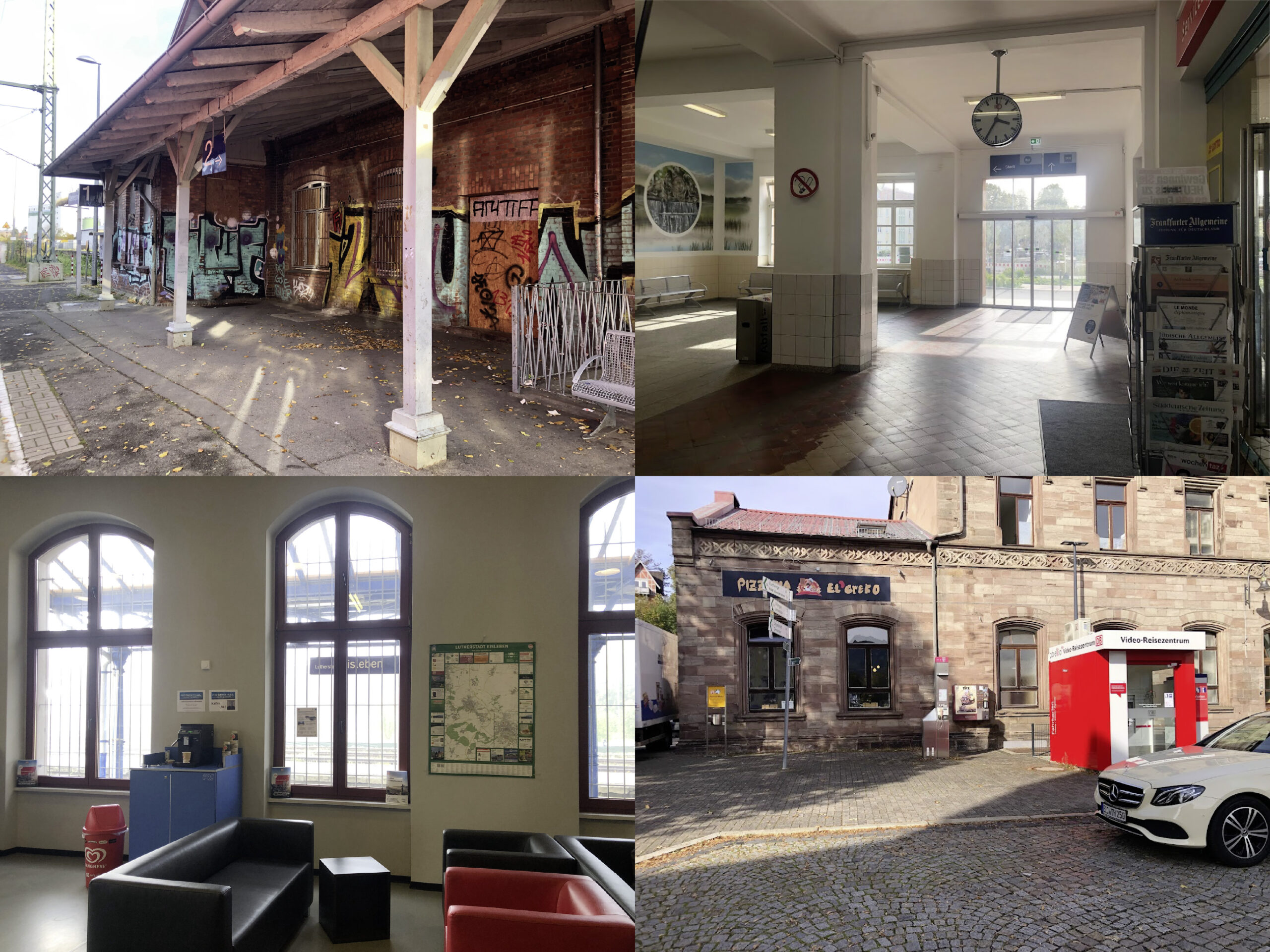 Eine Collage aus unterschiedlichen Bahnhofssituationen. Im Uhrzeigersinn sind zu sehen: Ein überdachter Bahnsteig, eine Empfangshalle, eine Pizzeria im Bahnhofsgebäude und ein Wartebereich mit Sofas.