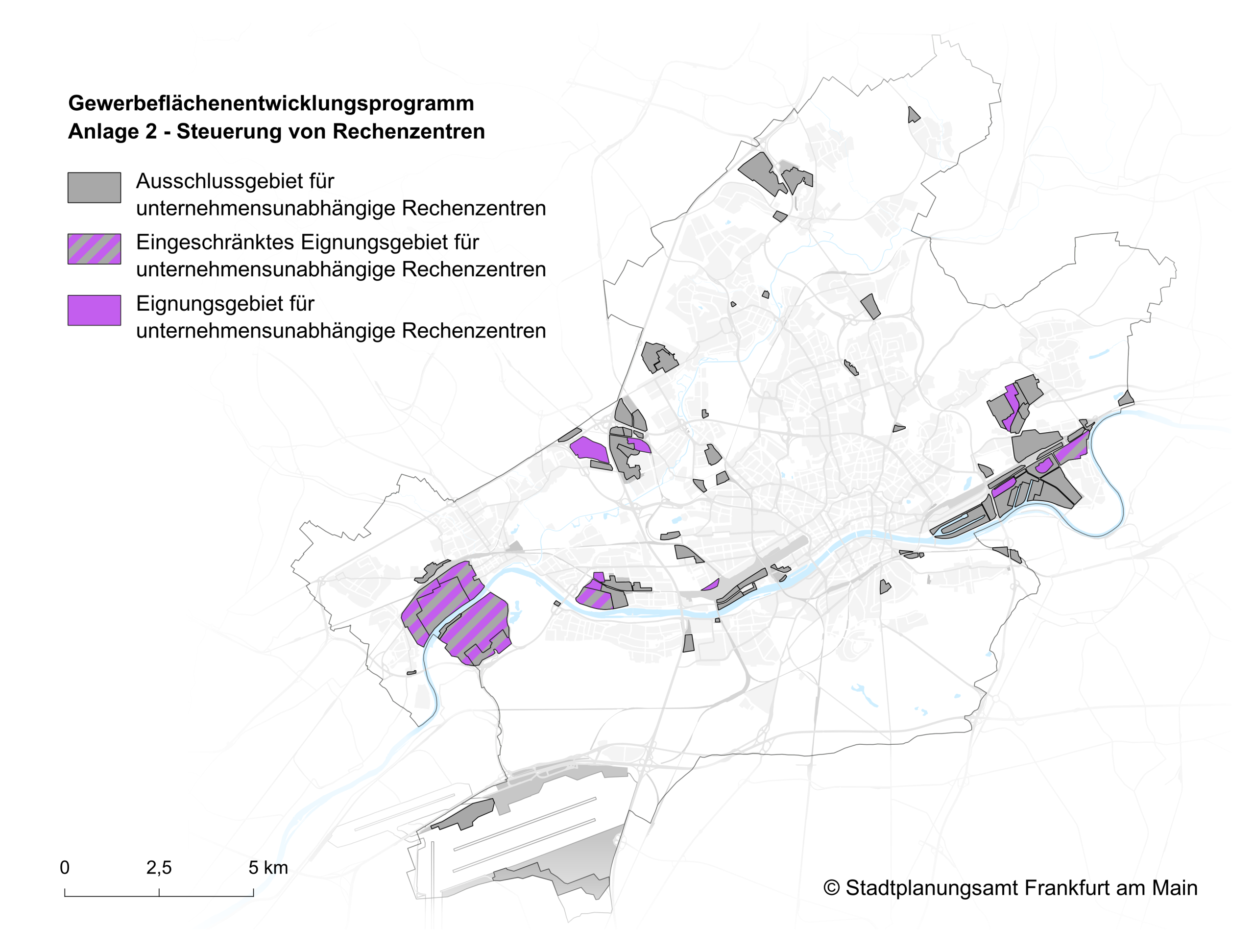 Karte des Stadtplanungsamts Frankfurt am Main zur Steuerung von Rechenzentren. Die Legende unterscheidet drei Kategorien für unternehmensunabhängige Rechenzentren: Grau markierte Flächen sind Ausschlussgebiete, lila schraffierte Flächen sind eingeschränkte Eignungsgebiete und vollflächig lila markierte Flächen sind Eignungsgebiete. Die Gebiete sind über das gesamte Stadtgebiet verteilt, mit größeren Clustern im Westen und Osten der Stadt.