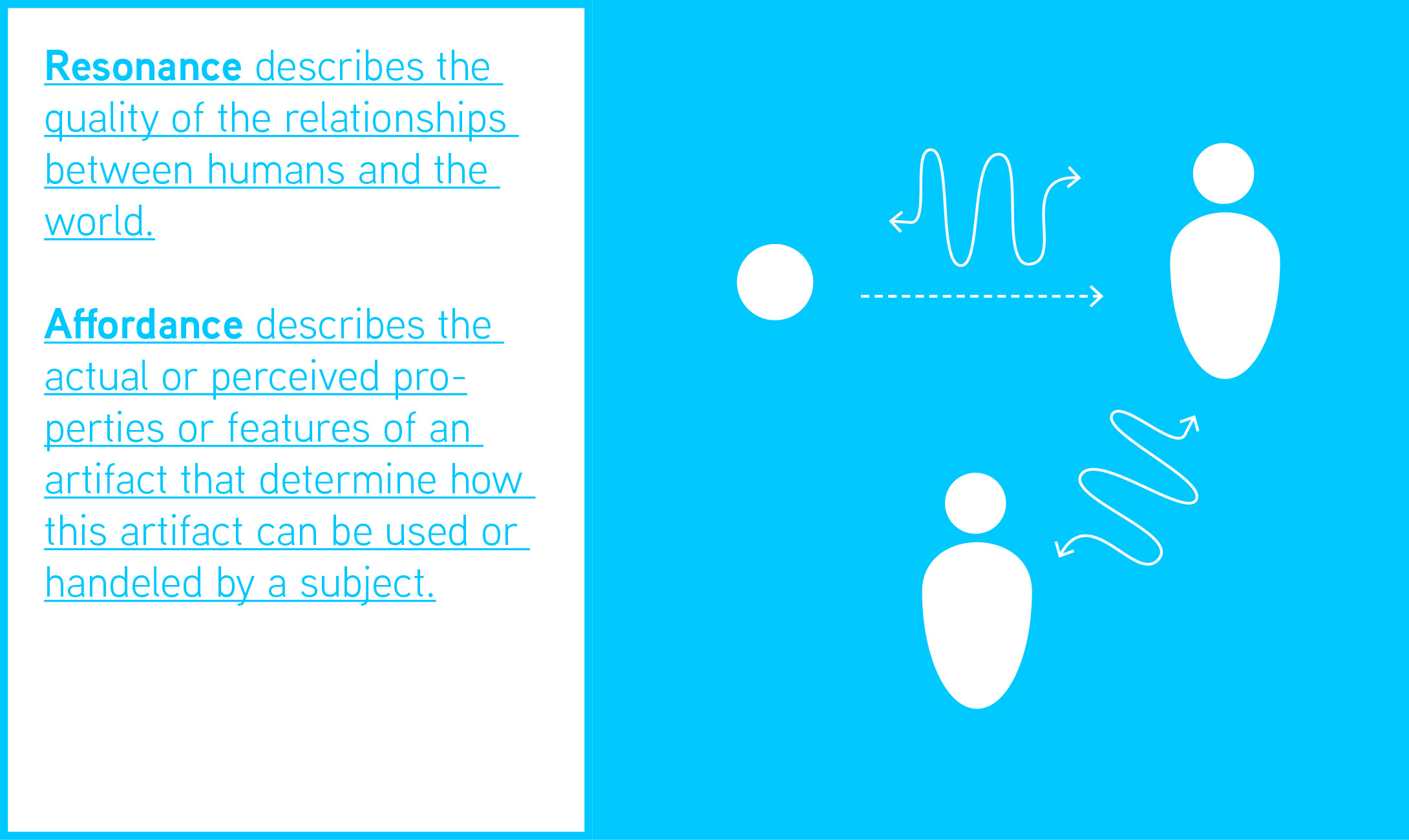 This figure shows the terms "resonance“ and „affordance in their relation to one person.  This visualization shows a person which is placed between another person and an object. Between the two person the arrow represents the „resonance“, because resonance can only exist between human.
While „affordance“ describes the actual or perceived properties of features of an artefact that determine how this artefact can be used or handled by a subject. This represents the arrows between the subject and the person.
