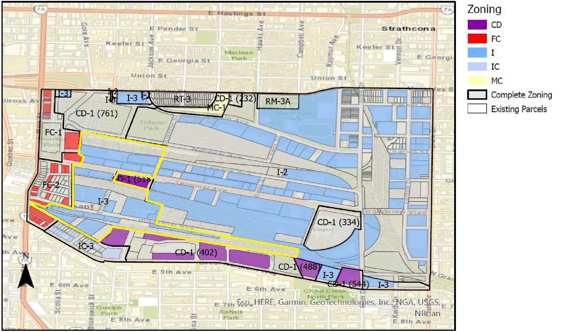 Figure 4 shows the False Creek Flats Business Property Parcels and Zoning Plan based on the publication of the City of Vancouver 2023. 