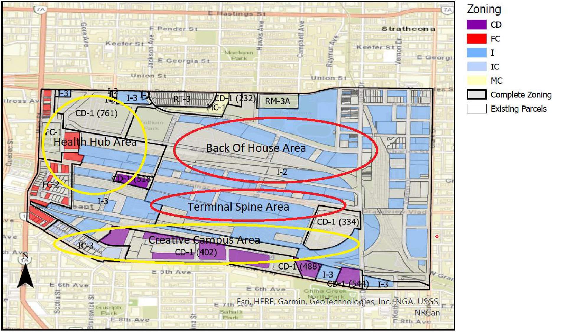 Figure 5 shows the 2017 Area Plan that assigns corresponding sub-districts within the False Creek Flats Area. The author outlined the policy directions from 1990 to 2022 in form of these sub-districts. Following sub-districts are shown: The Health Hub Area in the north-western part, the Back Of House Area in the north-eastern part, the Terminal Spine Area in the center and the Creative Campus Area in the southern part of False Creek Flats.