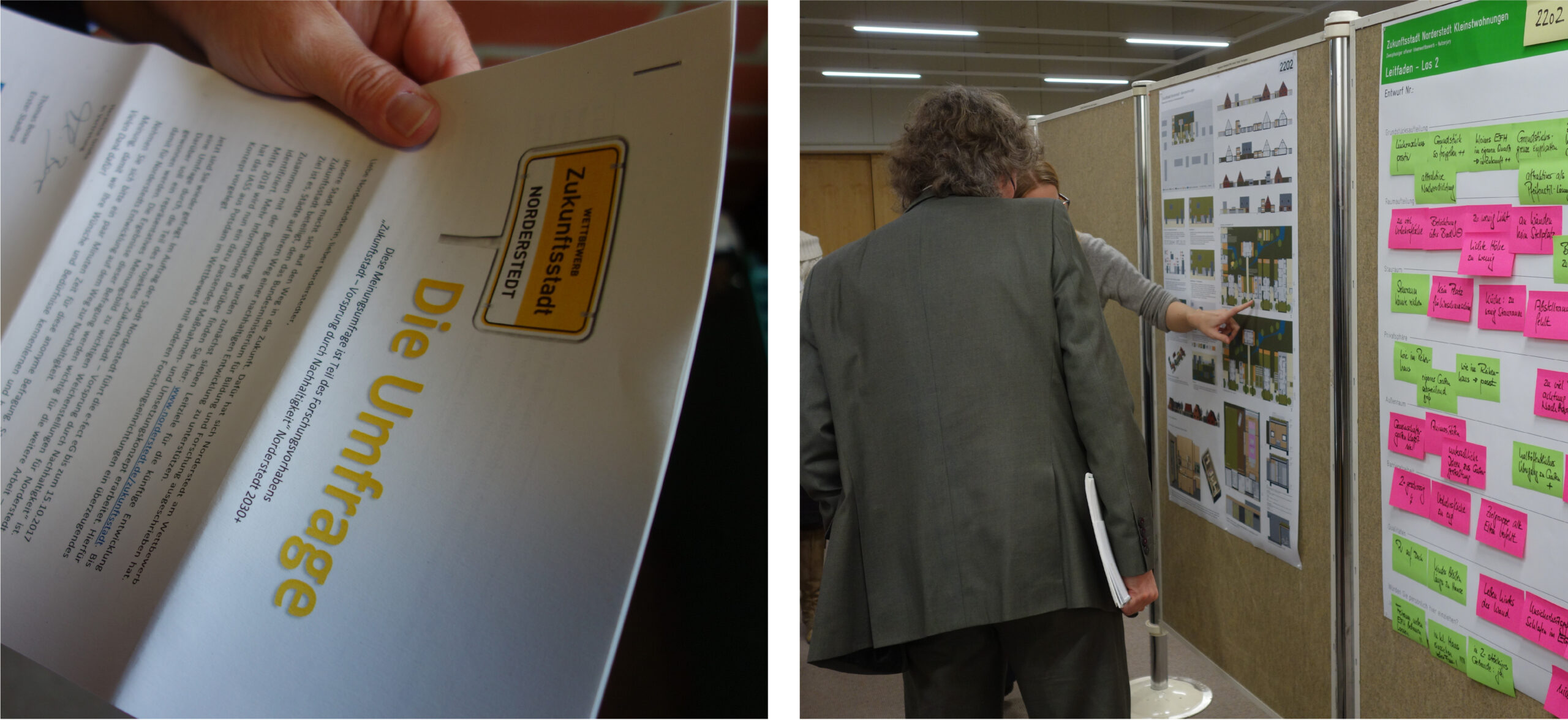 Die Abbildung zeigt zwei Fotos: Links die Umfrage auf einem Papierbogen. Rechts zwei Personen vor einer Stellwand.