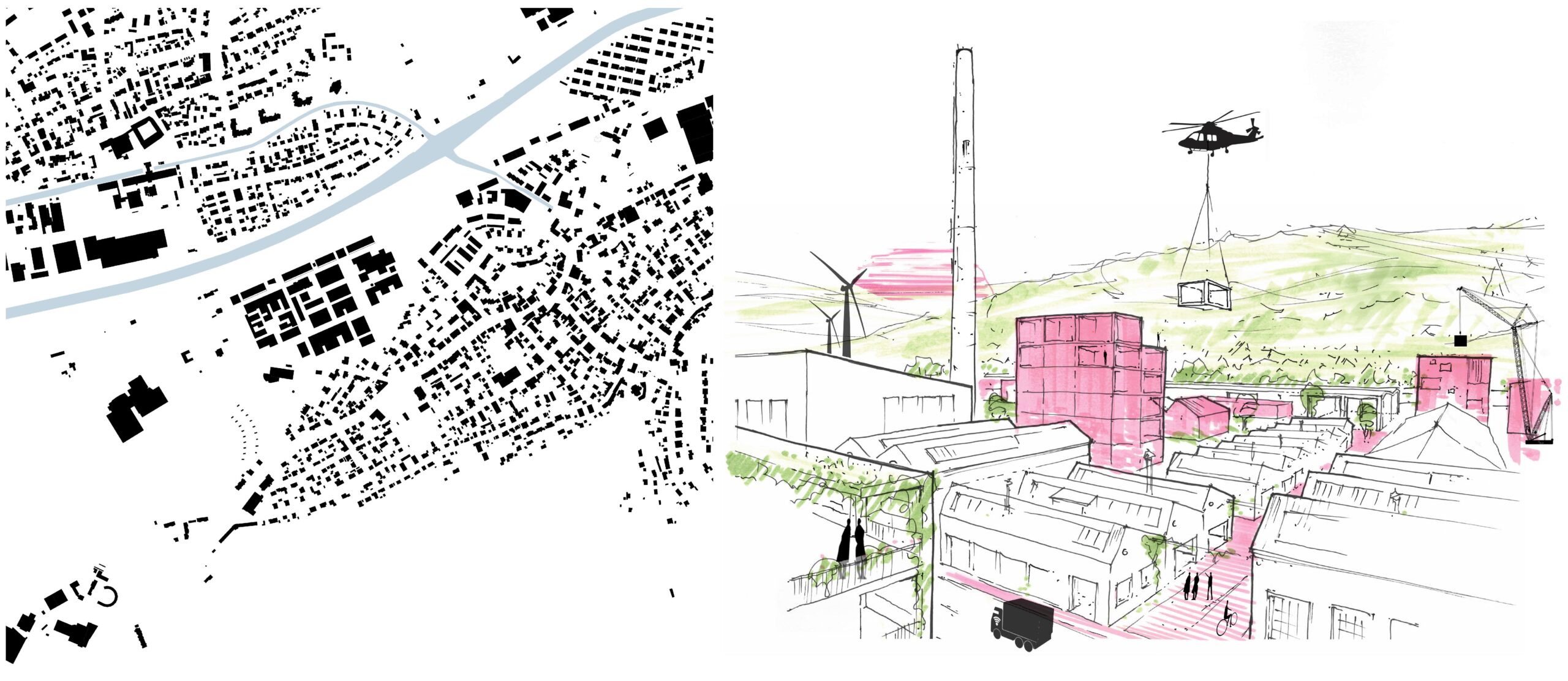 Links: Auszug aus dem Schwarzplan der Gemarkung Lörrach für das Lauffenmühle-Areal mit Darstellung des Flusses Wiese. Rechts: Handgezeichnete Skizze mit Blick auf den Kamin. Beide entstanden im Rahmen des Wettbewerbsbeitrag der Büros Astoc Architects and Planners, Köln (Stadtplanung) und Henning Larsen, Überlingen (Freiraumplanung).