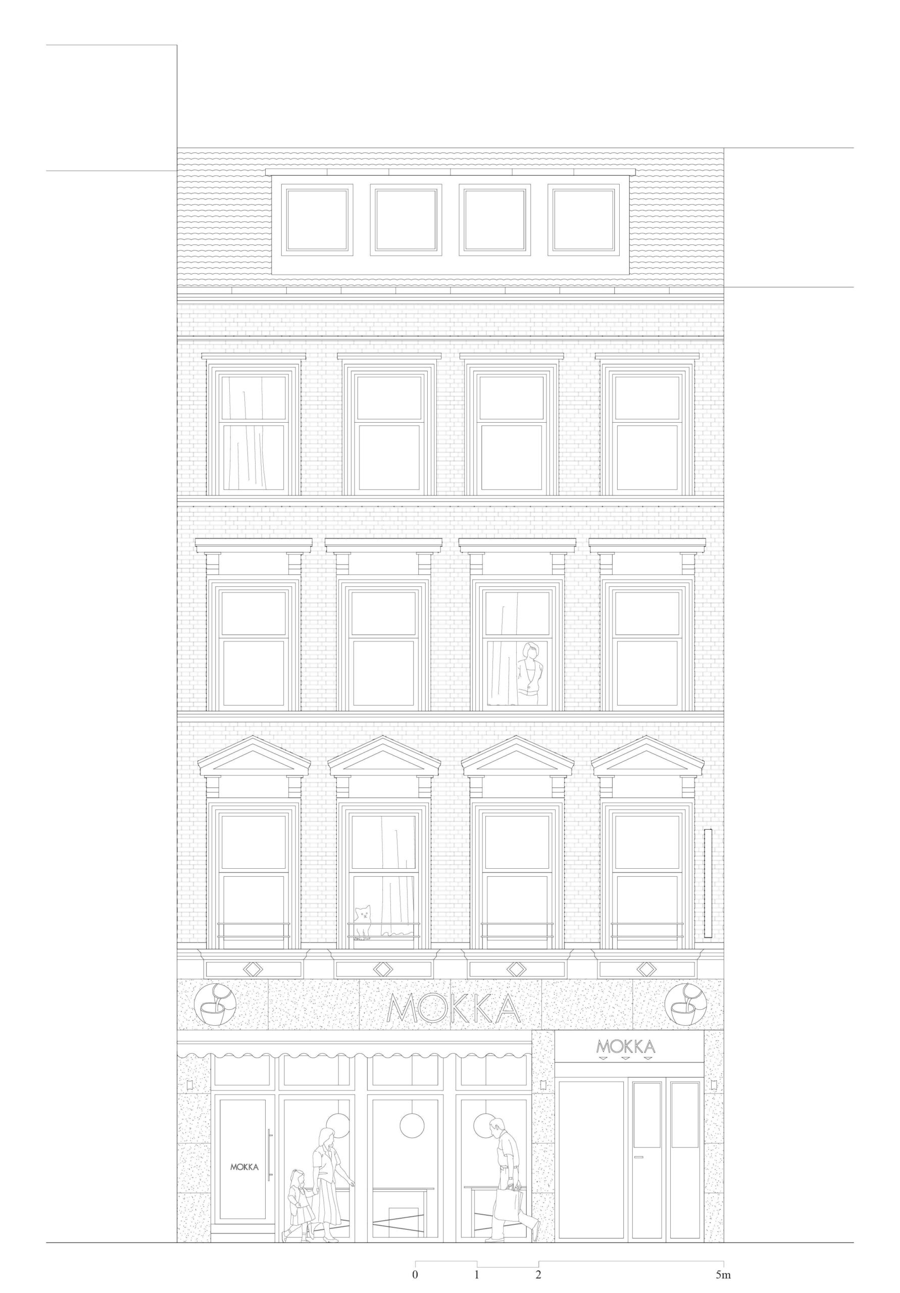 Die Abbildung zeigt eine nachgezeichnete Fassade eines Hauses in der Elsassstraße.